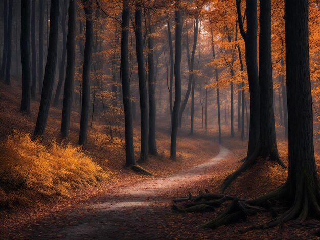 공포스러운 가을 숲은 버려진 시골 풍경에서 어두운 신비를 일으켰습니다.