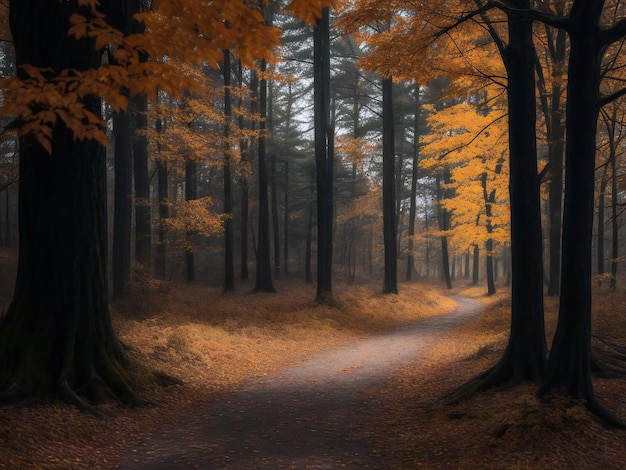 Страшный осенний лес, темная тайна в заброшенной сельской местности.