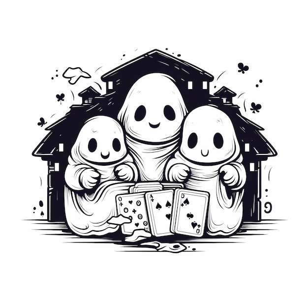 Spooky Card Shenanigans Grappig tattoo-ontwerp van drie schattige geesten die genieten van een kaartspel