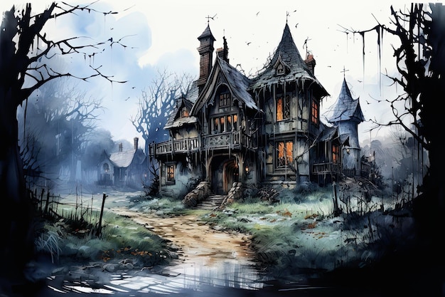 Spooky Castle in Dark Urban Scene Watercolor Painting with Halloween Theme Generative AI