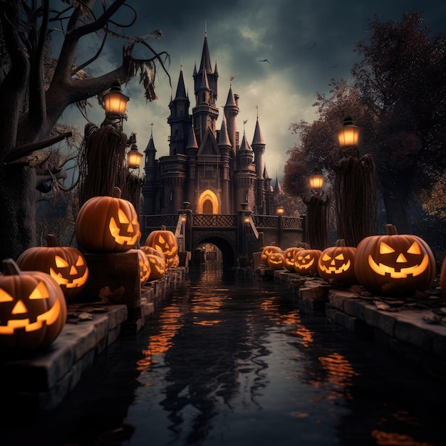 A spooky castle with a moat filled with glowing floating pumpkins