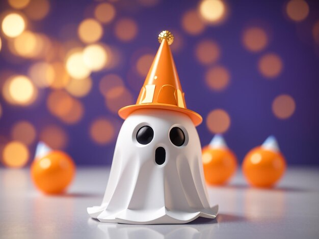 Photo spooky celebration 3d ghost with party hat on orange background