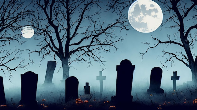 A spooky cemetery with a full moon in the background.