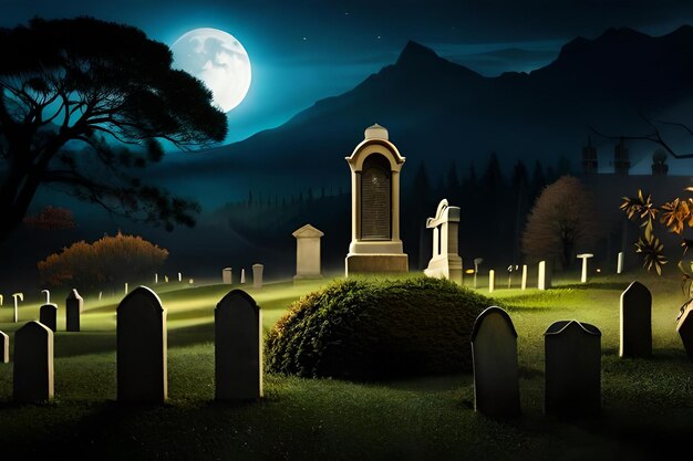 Foto un cimitero inquietante con la luna piena sullo sfondo.