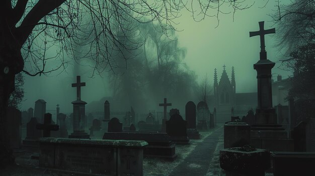 Photo a spooky cemetery with tombstones and a church in the background the atmosphere is foggy and mysterious