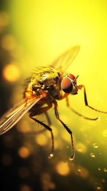 Photo spooky closeup small yellow fly in focus