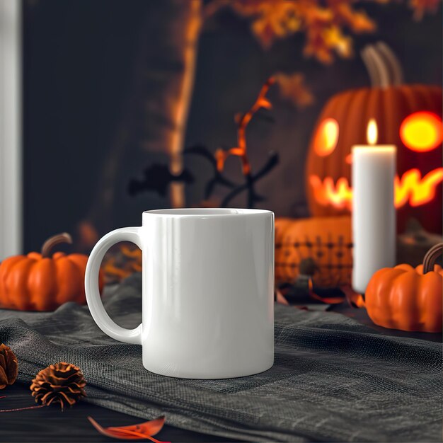 Spooky Coffee Cup Mockup Plain White Mug in Halloween Scene
