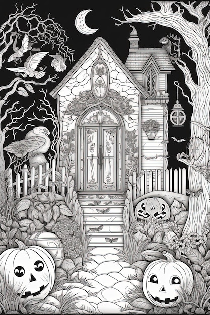 Spooky Coloring Fun Погрузитесь в приключение с книгой для окрашивания на тему Хэллоуин в черно-белом генеративном ИИ