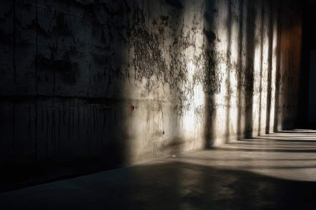 Spooky concrete wall with flickering light and eerie shadow in the background created with generativ