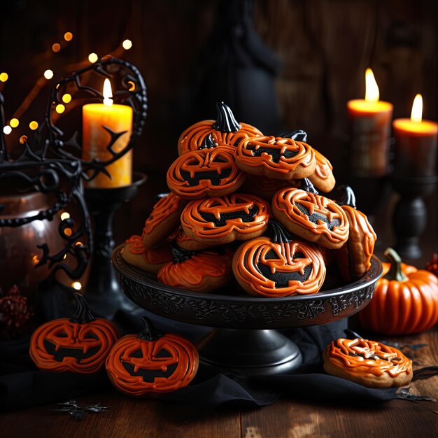 Spooky cookies on a plate on a table