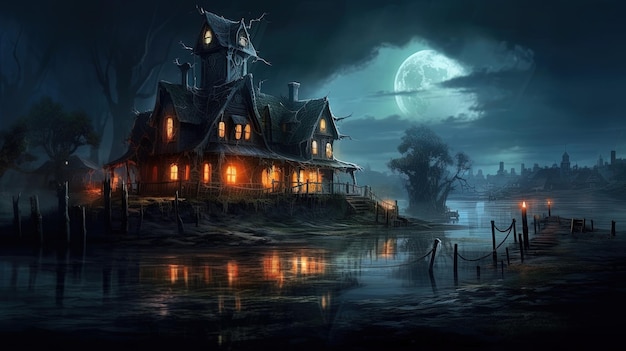 Spooky Creepy Haunted Riverside House geïsoleerd van buitenwereld met donkere achtergrond angstaanjagende griezelige landschappen Generatieve AI