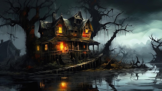 Spooky Creepy Haunted Riverside House geïsoleerd van buitenwereld met donkere achtergrond angstaanjagende griezelige landschappen Generatieve AI