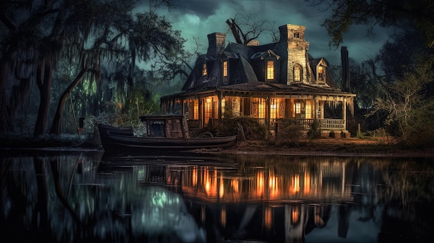 Spooky Creepy Haunted Riverside House geïsoleerd van buitenwereld met donkere achtergrond angstaanjagende griezelige landschappen Generatieve AI