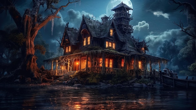Spooky Creepy Haunted Riverside House geïsoleerd van buitenwereld met donkere achtergrond