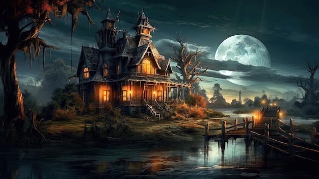 Spooky Creepy Haunted Riverside House isolated from outside world with dark background terrifying ghoulish scenery Generative AI