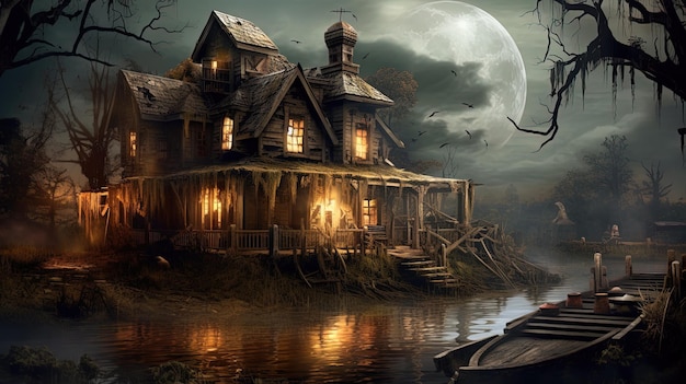 Spooky Creepy Haunted Riverside House isolated from outside world with dark background terrifying ghoulish scenery Generative AI