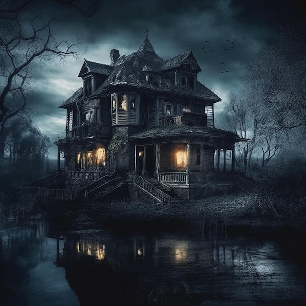 Spooky Creepy Haunted Riverside House isolated from outside world with dark background terrifying ghoulish scenery Generative AI