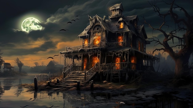 Spooky Creepy Haunted Riverside House isolated from outside world with dark background terrifying ghoulish scenery Generative AI