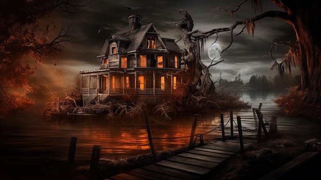 Photo spooky creepy haunted riverside house isolated from outside world with dark background terrifying ghoulish scenery generative ai