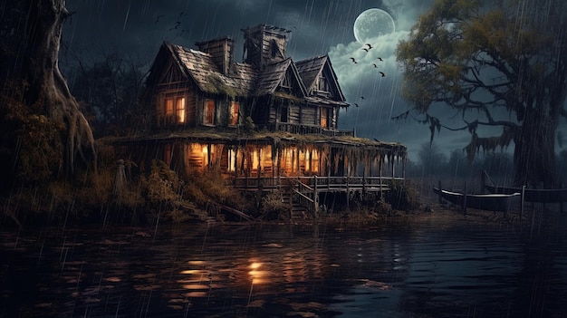 Spooky Creepy Haunted Riverside House isolated from outside world with dark background