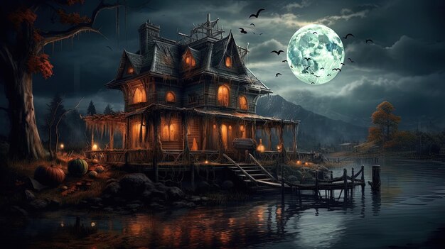 Spooky Creepy Haunted Riverside House isolated from outside world with dark background