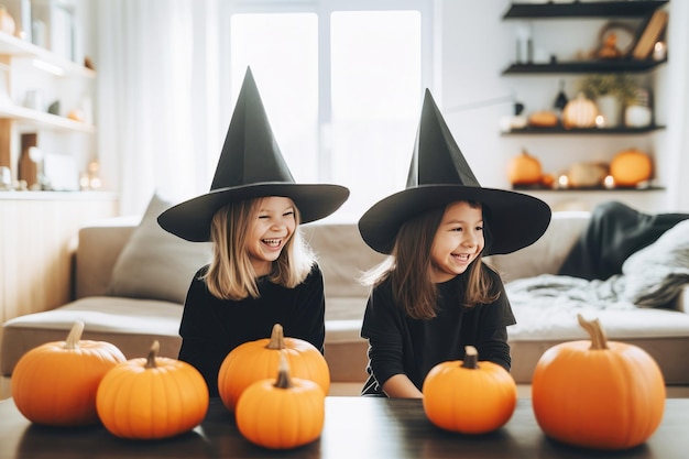 Spooky and cute little witches celebrate halloween