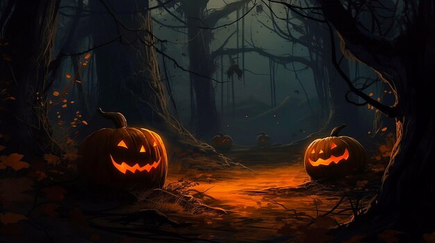 Spooky dark haunted halloween forest with pumpkins on the side of the road Ai generated