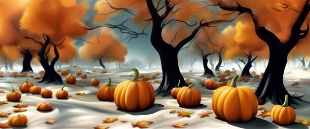 Spooky dark haunted halloween forest with pumpkins on the side of the road ai