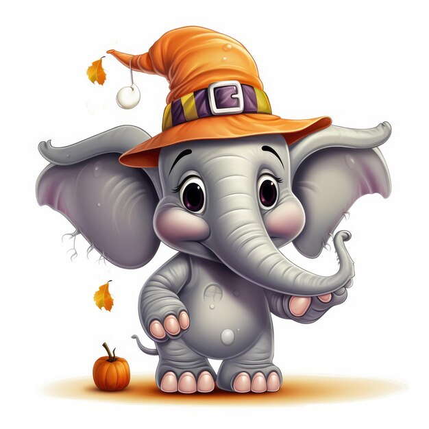 Spooky Delight Cartoon Elephant Shines in HalloweenThemed Spectacle Against a White Background