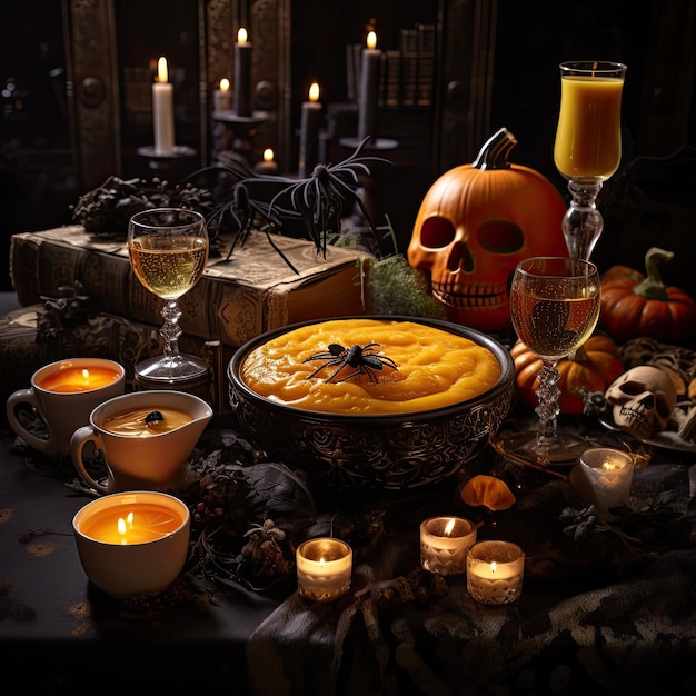 A spooky dinner table with pumpkin soup and eerie dishes