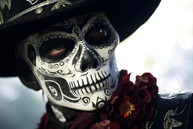 spooky dressed man with gothic sugar skull makeup