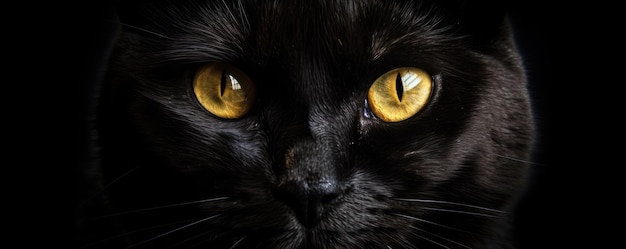 A spooky and eerie black cat with striking yellow eyes