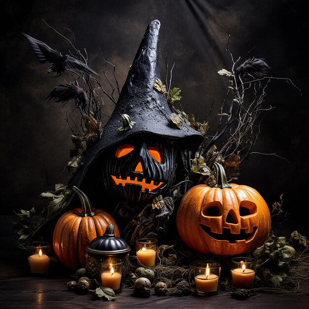 Spooky Elegance Halloween pompoenen en decoraties op zwarte achtergrond