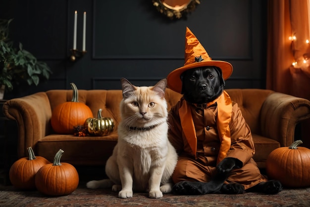 魔法の帽子をかぶった猫と犬のハロウィーンカード