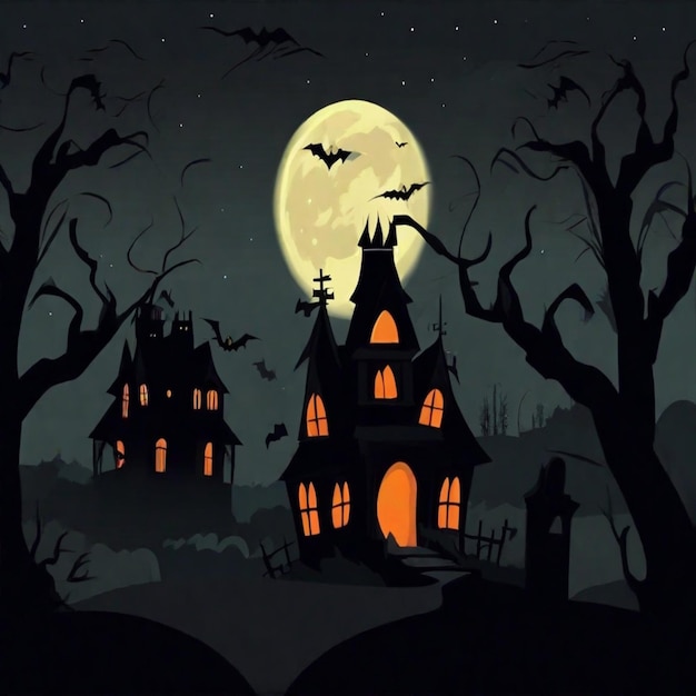 A spooky flatdesign Halloween nightscape with a full moon silhouetted trees and a haunted house