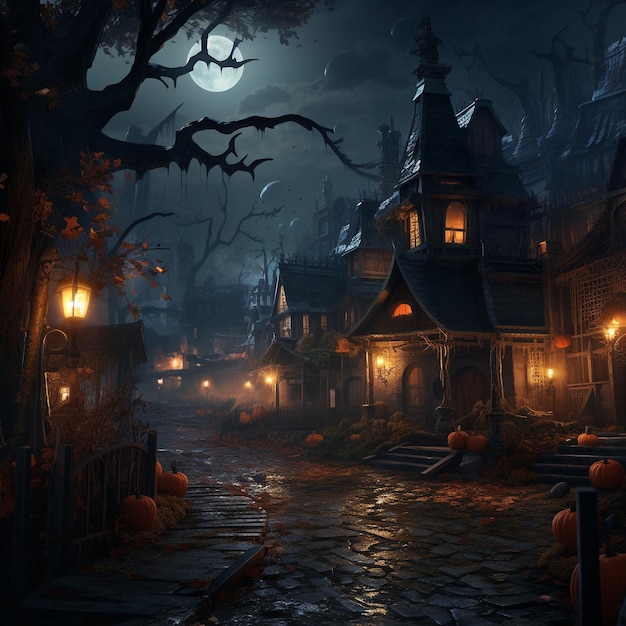 Страшная туманная сцена фонаря Хэллоуина ночью