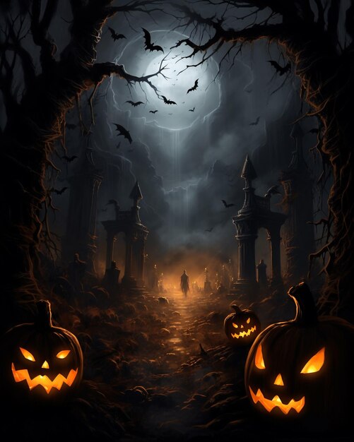 Spooky Foggy Halloween jack lantern scène 's nachts