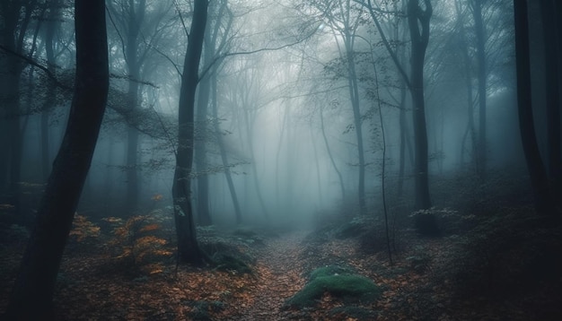 Foto una foresta spettrale in autunno un paesaggio misterioso e oscuro generato dall'ia