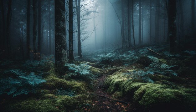 A spooky forest in autumn mystery shrouded in fog generated by AI