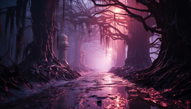 Фото Страшная лесная темная ночная загадка окружает сюрреалистический ландшафт, созданный ии