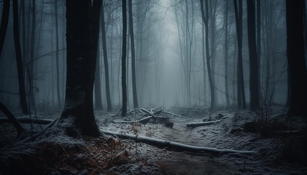 In the spooky forest a dark silhouette falls on abandoned trees generated by AI
