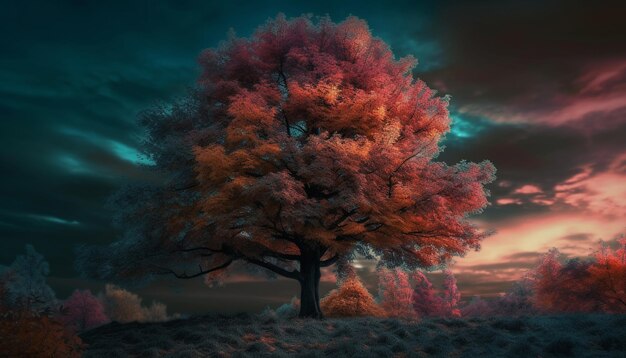 Spooky forest at dusk illuminated by mysterious sunlight and fog generated by artificial intelligence