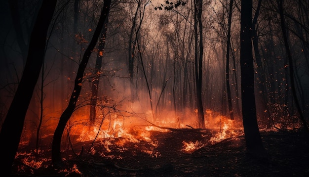 Spooky forest fire burning bright at night generated by AI