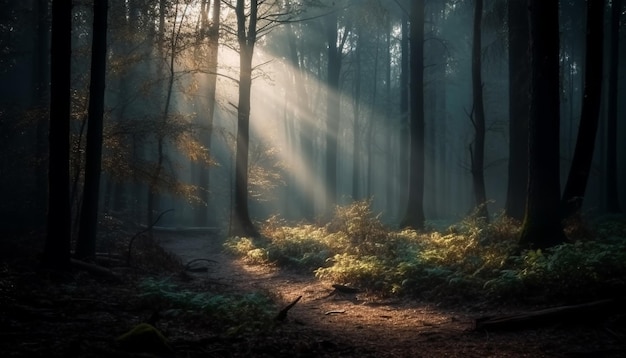 Spooky forest mystery autumn leaves and fog generated by AI