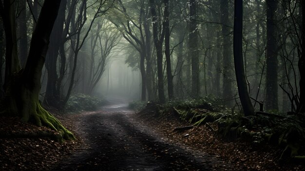 Photo spooky forest mystery walking on wet footpath