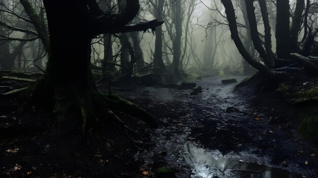 Photo spooky forest mystery walking on wet footpath