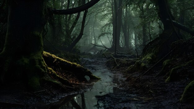 Photo spooky forest mystery walking on wet footpath