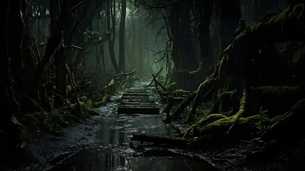 Photo spooky forest mystery walking on wet footpath