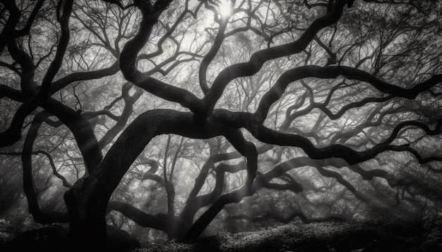 Spooky forest in October dry grass and dead tree silhouette generated by AI