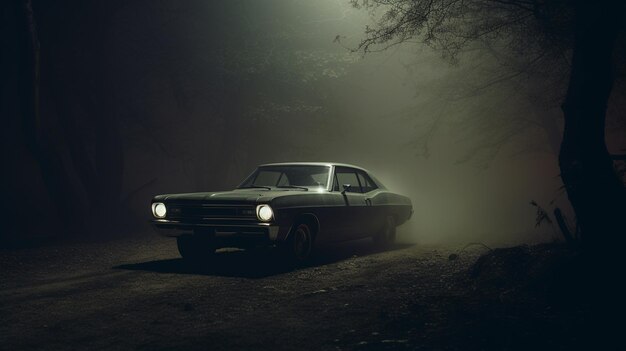 안개 를 통해 빛나는 자동차 헤드라이트 를 가진 무서운 숲 도로